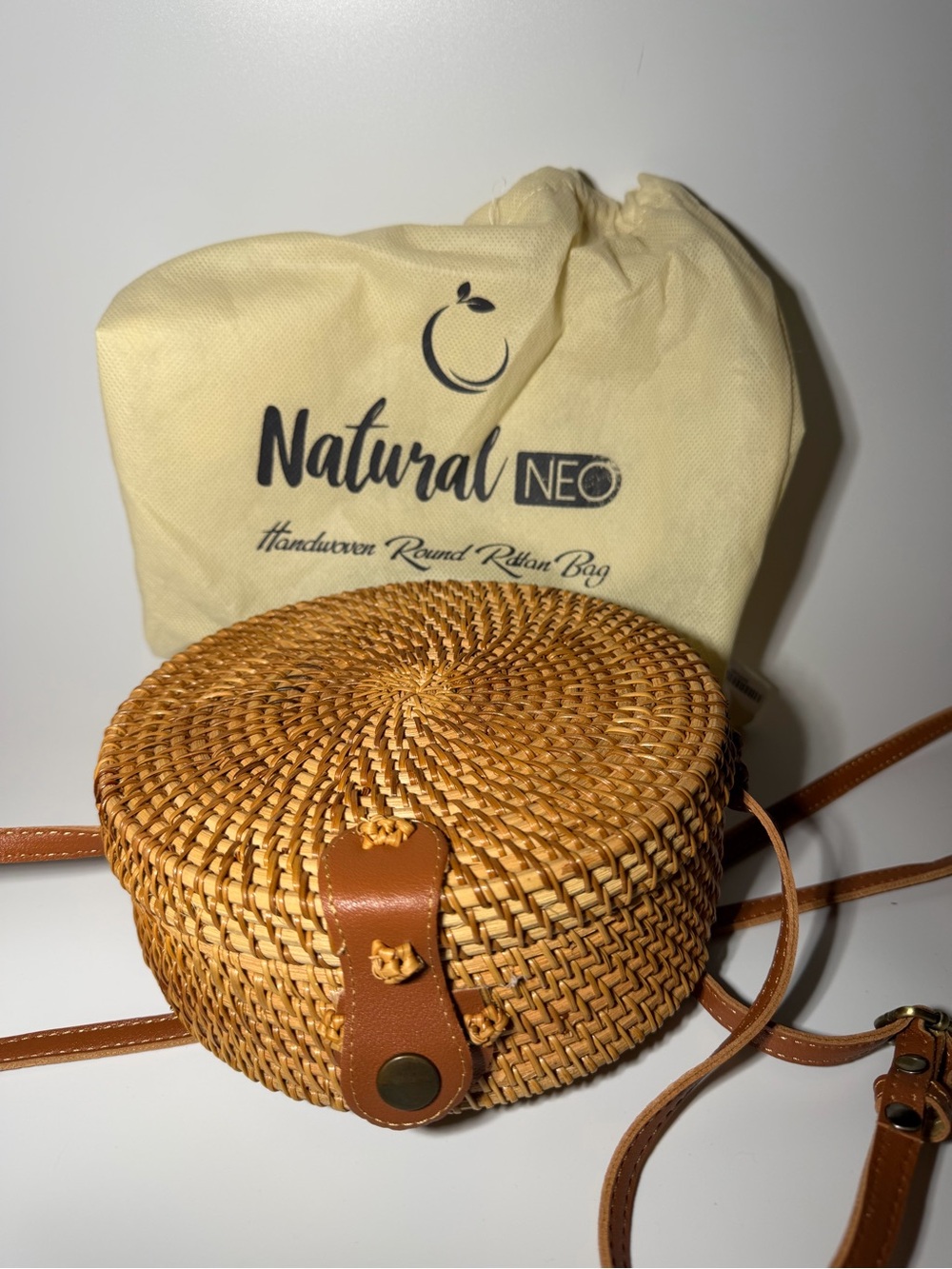 Hand Woven Round Rattan Crossbody Bag - Tan Snap Closure w/Dust Bag